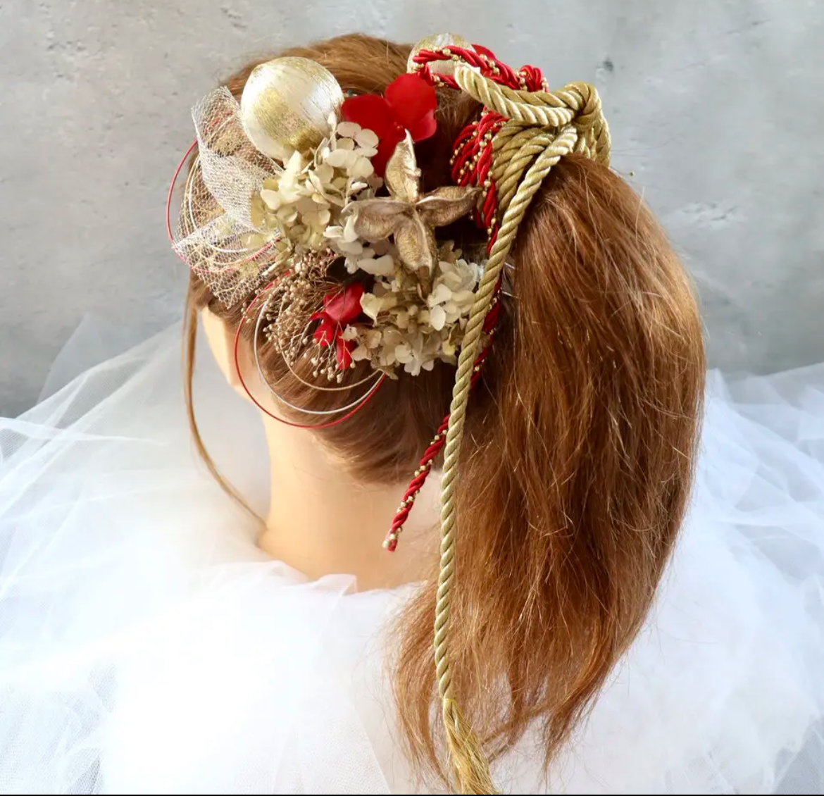 レッド×ゴールド　成人式振袖髪飾り　成人式　髪飾り　赤ポニー　成人式　卒業式