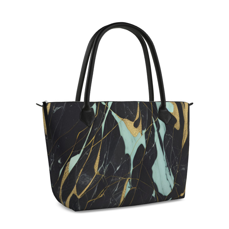 金色と水色の高級感あふれる神秘的でシックな大理石がお洒落 ファスナー付き トートバッグ