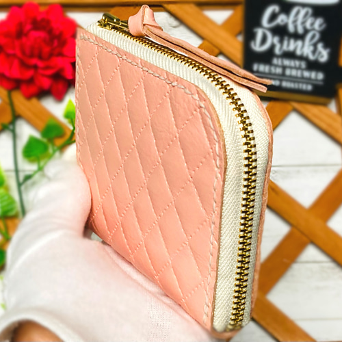 ❤【シンプルで便利】大人可愛い総本革L字ファスナーミニ財布ベビーピンク