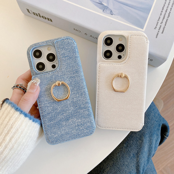 iPhone全機種対応】デニムスマホケース リング ミラー カード