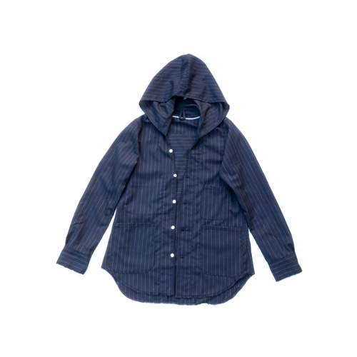 ネイビーブルー(紺色)、ロウエッジピンストライプウール、ノーカラー