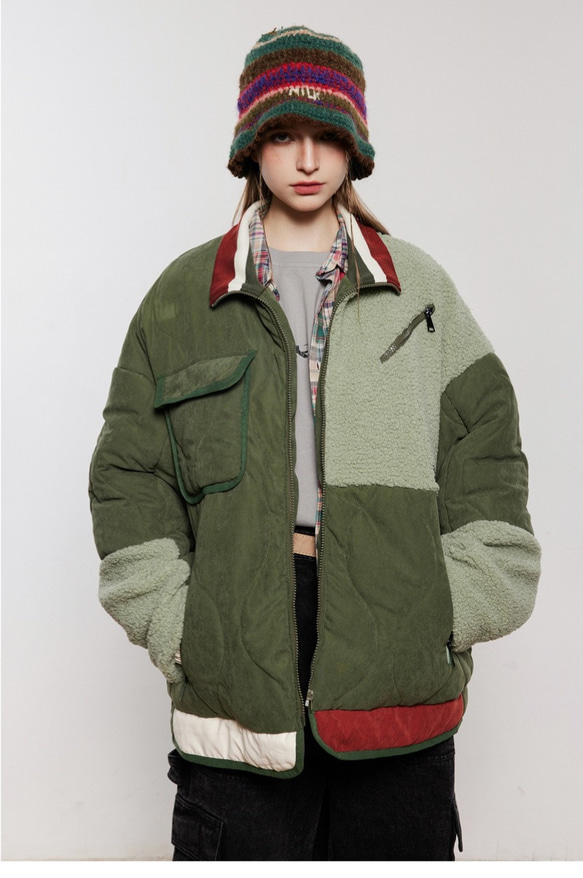 レディース*メンズ兼用·冬のレトロパッチワーク色·子羊の毛で暖かい綿服のコートジャケット2カラー  20-1117 1枚目の画像
