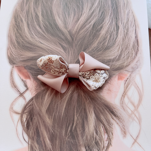 簡単ヘアアレンジに活躍！インド刺繍リボン ポニーフック ピンク