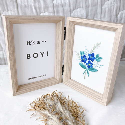 「青い花束」　花束の抽象画 金色フレーム付き 青い花束 押し花 額 絵