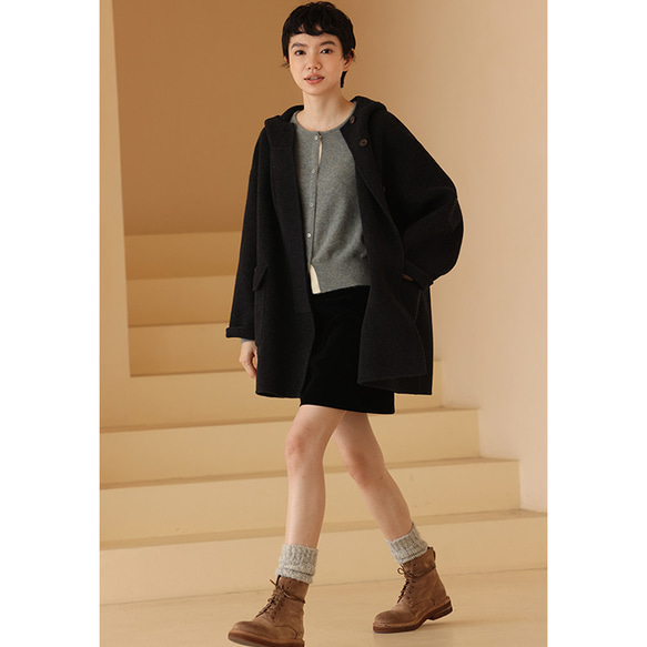 100%ウールコート　ウールツイード生地コート　フード付きウールコート　ダークグレー　S-L#393 肩幅を含む 5cm　バスト 5cm　袖口幅