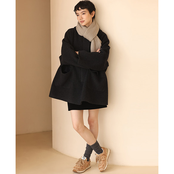 100%ウールコート　ウールツイード生地コート　フード付きウールコート　ダークグレー　S-L#393 肩幅を含む 5cm　バスト 5cm　袖口幅