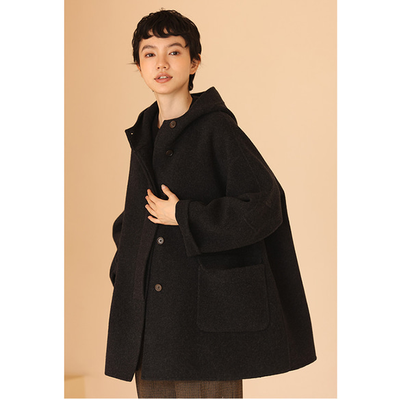 100%ウールコート　ウールツイード生地コート　フード付きウールコート　ダークグレー　S-L#393 肩幅を含む 5cm　バスト 5cm　袖口幅