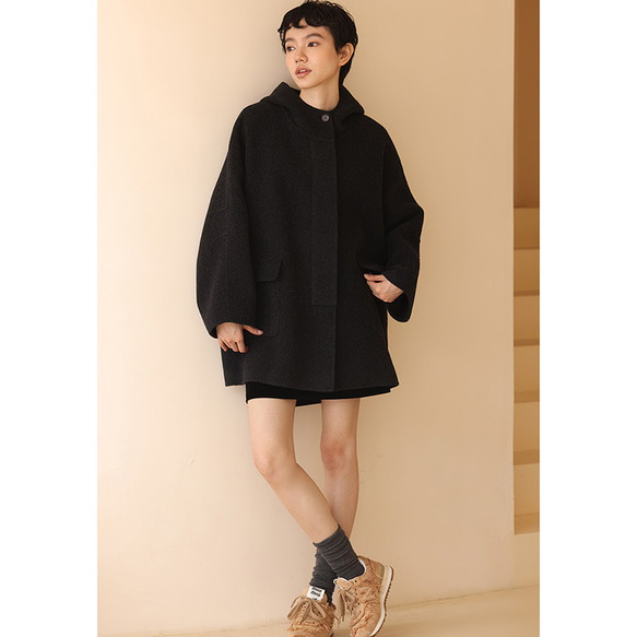 100%ウールコート　ウールツイード生地コート　フード付きウールコート　ダークグレー　S-L#393 肩幅を含む 5cm　バスト 5cm　袖口幅