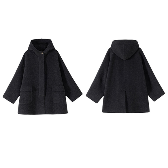 100%ウールコート　ウールツイード生地コート　フード付きウールコート　ダークグレー　S-L#393 肩幅を含む 5cm　バスト 5cm　袖口幅