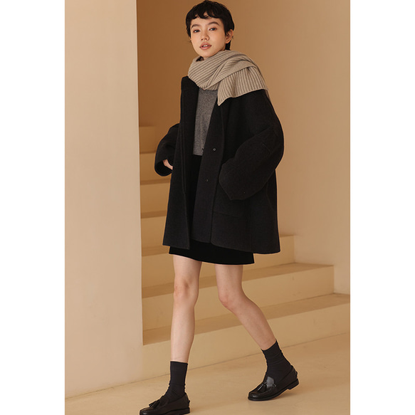 100%ウールコート　ウールツイード生地コート　フード付きウールコート　ダークグレー　S-L#393 肩幅を含む 5cm　バスト 5cm　袖口幅