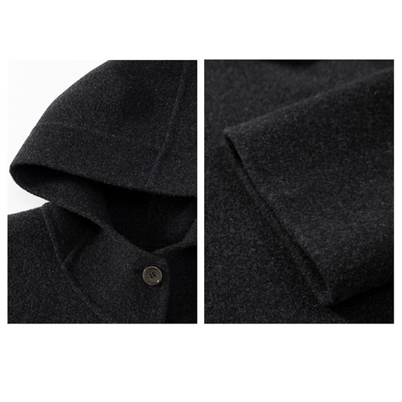 100%ウールコート　ウールツイード生地コート　フード付きウールコート　ダークグレー　S-L#393 肩幅を含む 5cm　バスト 5cm　袖口幅