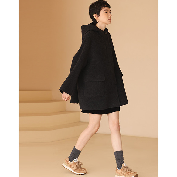 100%ウールコート　ウールツイード生地コート　フード付きウールコート　ダークグレー　S-L#393 肩幅を含む 5cm　バスト 5cm　袖口幅