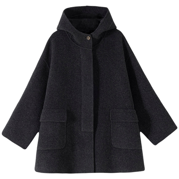 100%ウールコート　ウールツイード生地コート　フード付きウールコート　ダークグレー　S-L#393 肩幅を含む 5cm　バスト 5cm　袖口幅