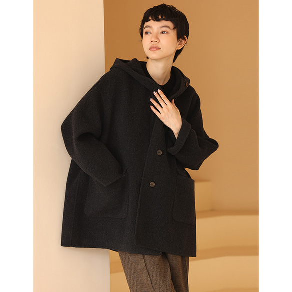 100%ウールコート　ウールツイード生地コート　フード付きウールコート　ダークグレー　S-L#393 肩幅を含む 5cm　バスト 5cm　袖口幅