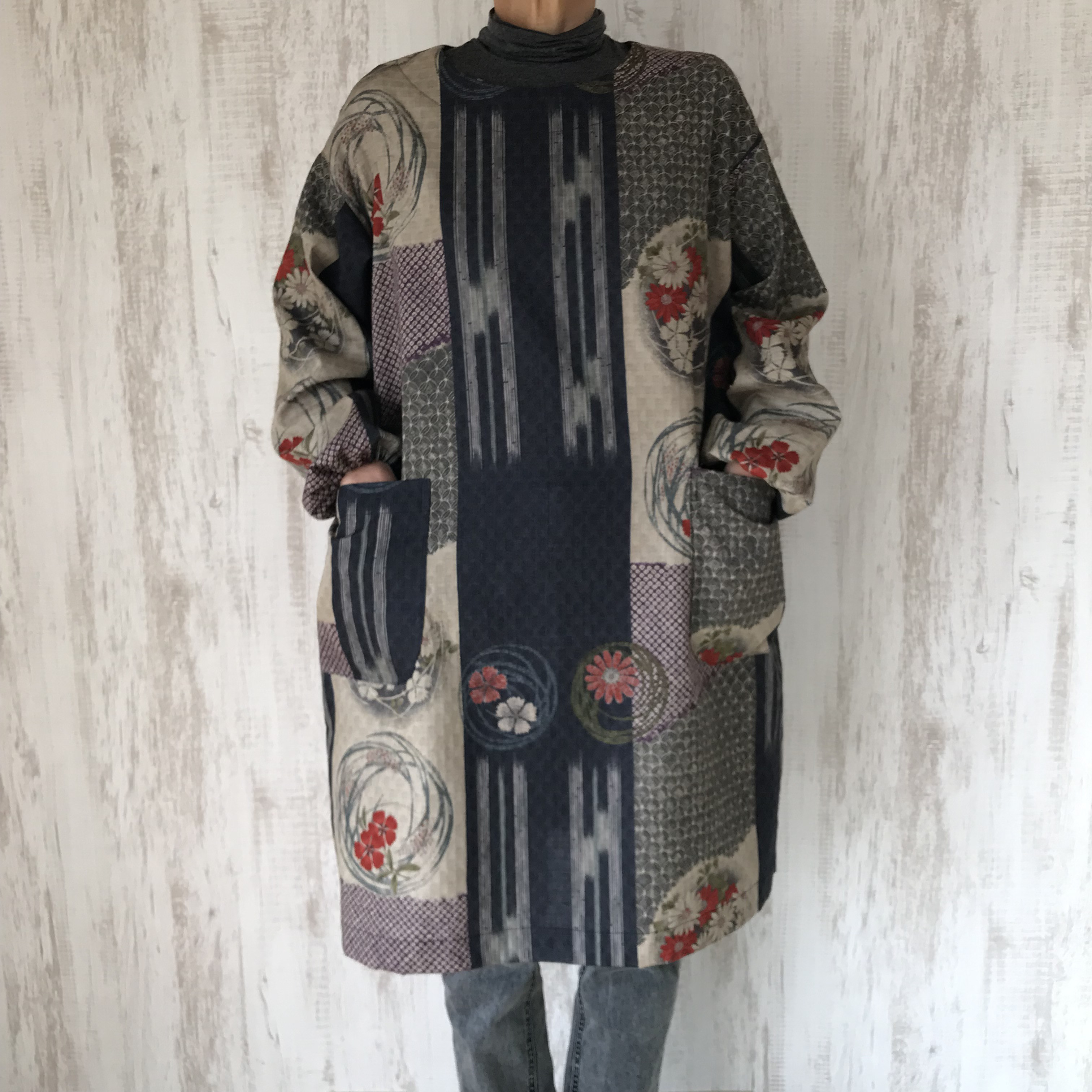和柄　花柄　ゆったり　チュニックor割烹着