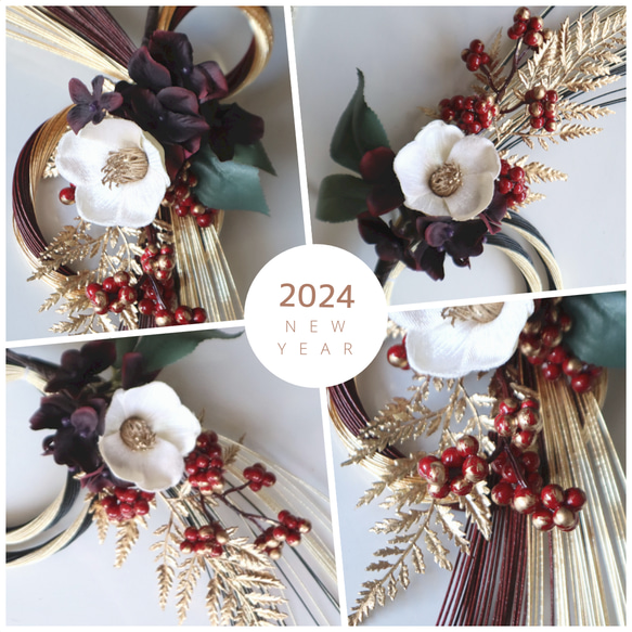 ✴︎随時発送✴︎水引きの2wayしめ縄リース飾り　椿や紫陽花　お正月　2024 2枚目の画像