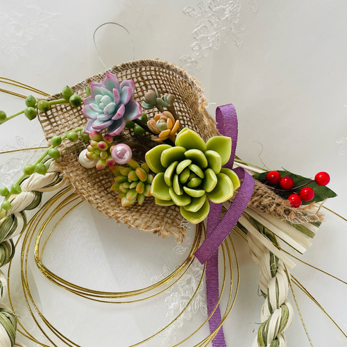 多肉寄せ植えにもなる2way お正月リース クレイアート 正月飾り しめ縄