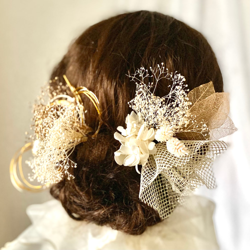 ハーフツイン 白と金のドライフラワー髪飾り 水引＆チュール付き
