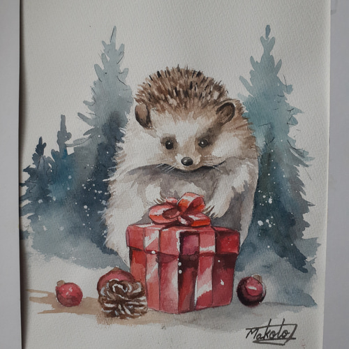 水彩画 ハリネズミからのプレゼント 絵画 makochin 通販