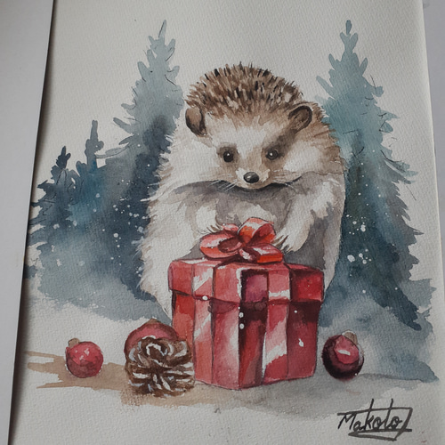 水彩画 ハリネズミからのプレゼント 絵画 makochin 通販
