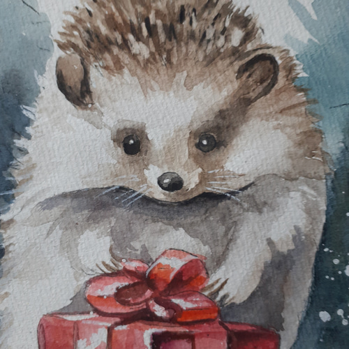 水彩画 ハリネズミからのプレゼント 絵画 makochin 通販