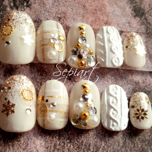 ジェルネイルチップ☆付け爪〜クリスマスネイル☆雪の結晶×ニット