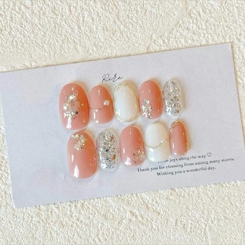 pink×white×silver ネイルチップ ピンクホワイトゼブラシンプルギャルネイルチップ ネイルチップ