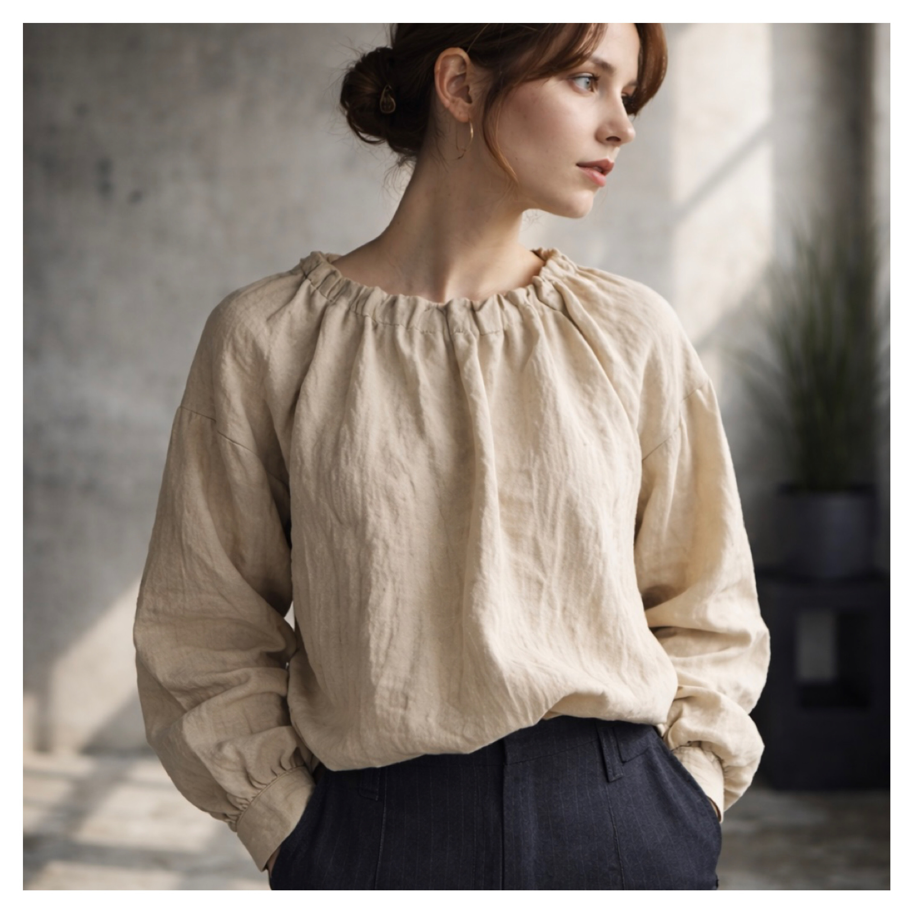 ベルギーリネンブラウス／フリルネック／ベージュ／linum jean