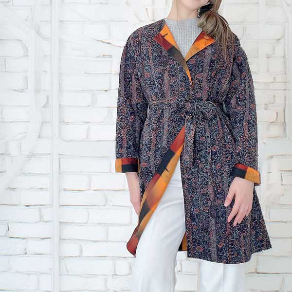 リバーシブル コート【 着物リメイク 】 オレンジ * 黒 * 紺 * ピンク /一点物 / ベルト付き