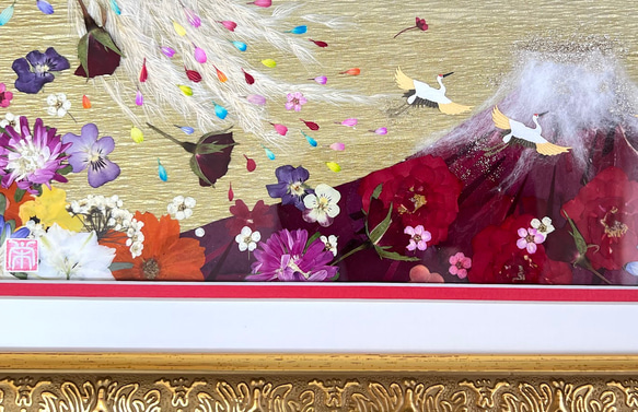 華やか赤富士の縁起の良い押し花額07 6枚目の画像