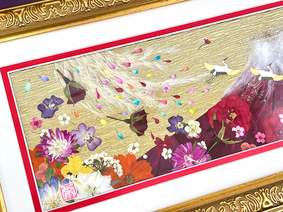 華やか赤富士の縁起の良い押し花額07 3枚目の画像
