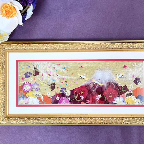 華やか赤富士の縁起の良い押し花額07 その他アート 神戸六甲