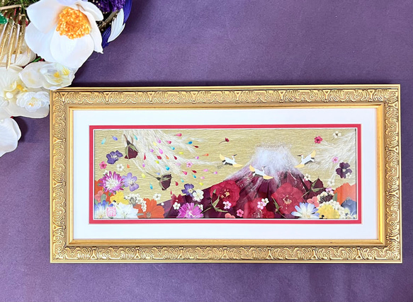 人気商品の再入荷情報をお届け！ 華やか赤富士の縁起の良い押し花額07 その他アート 神戸六甲 絵画