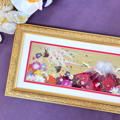 華やか赤富士の縁起の良い押し花額07 その他アート 神戸六甲