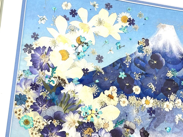 縁起の良い青富士逆さ富士　押し花アート 