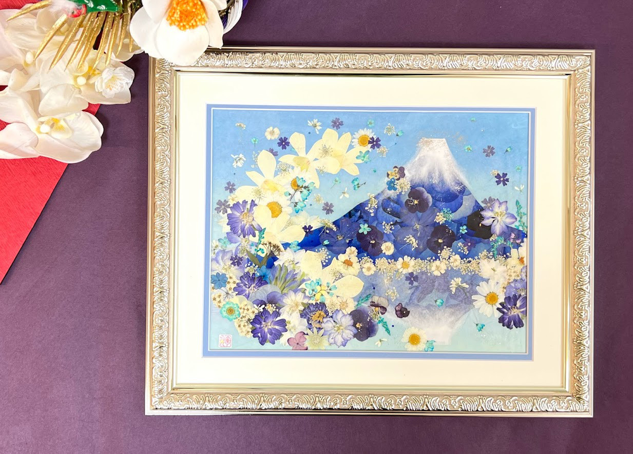 押し花絵 縁起の良い青富士逆さ富士 押し花アート その他アート 神戸六甲