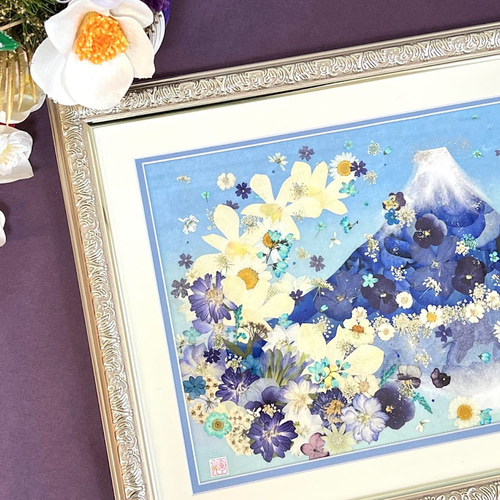 縁起の良い青富士逆さ富士 押し花アート その他アート 神戸六甲 優花