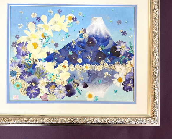 縁起の良い青富士逆さ富士　押し花アート 