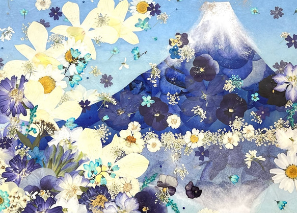 縁起の良い青富士逆さ富士　押し花アート 