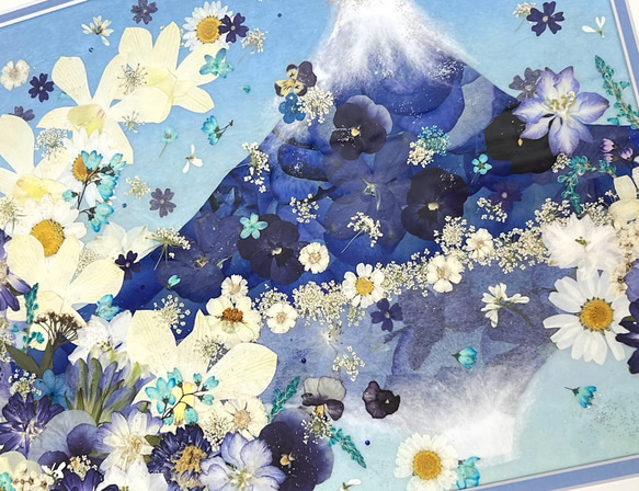 縁起の良い青富士逆さ富士　押し花アート 