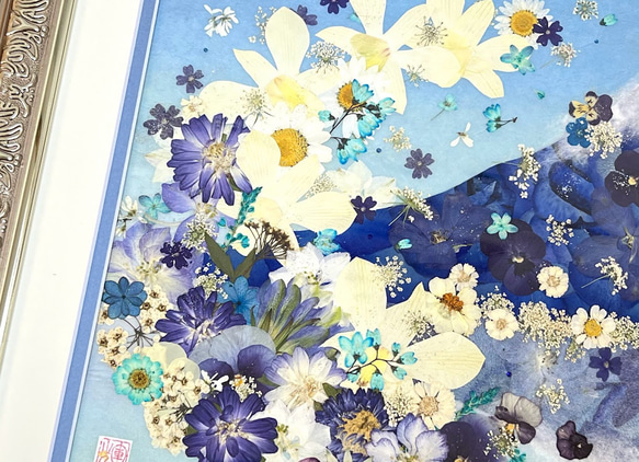 縁起の良い青富士逆さ富士　押し花アート 