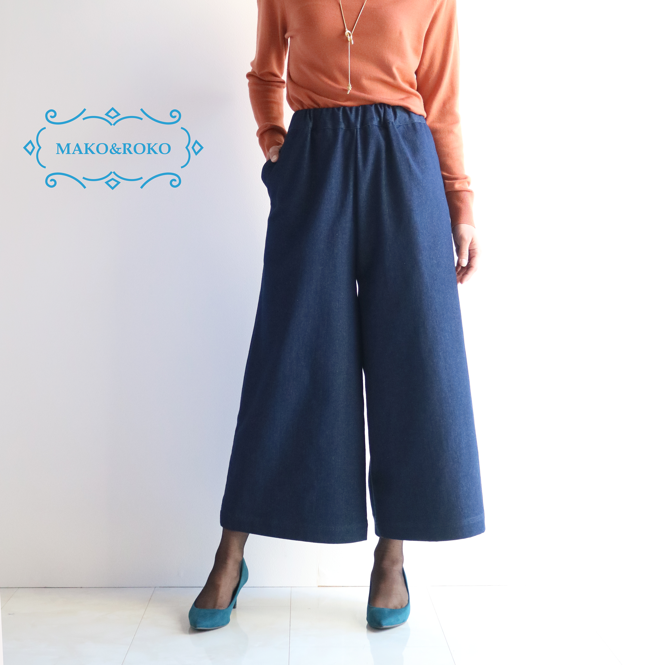 New秋冬【インディゴ】中厚ソフトデニム綿100％ウエスト総ゴム入りワイドパンツ