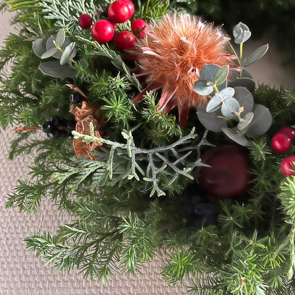 森のクリスマス  Ⅳ  ~赤い実サンキライとプルモーサム.  たっぷりの針葉樹   /大きめ35cm 11枚目の画像