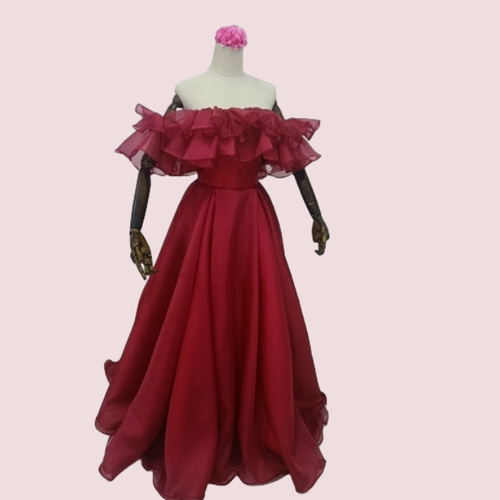 高品質！カラードレス チェリーピンク 取り外しオフショルダー 2次会  