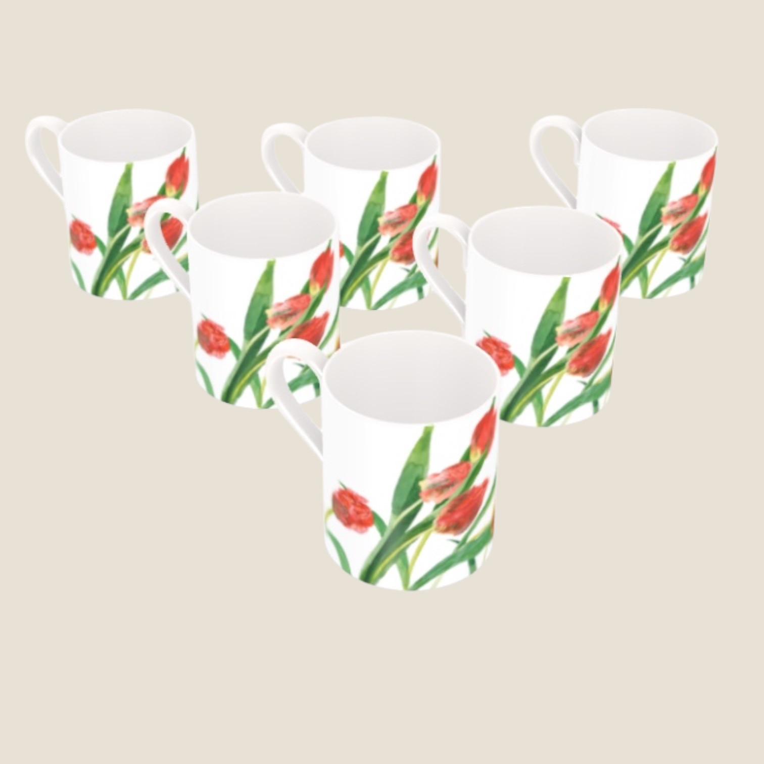 【受注生産】イギリス製水彩マグカップ　赤いロココチューリップ　6個セット