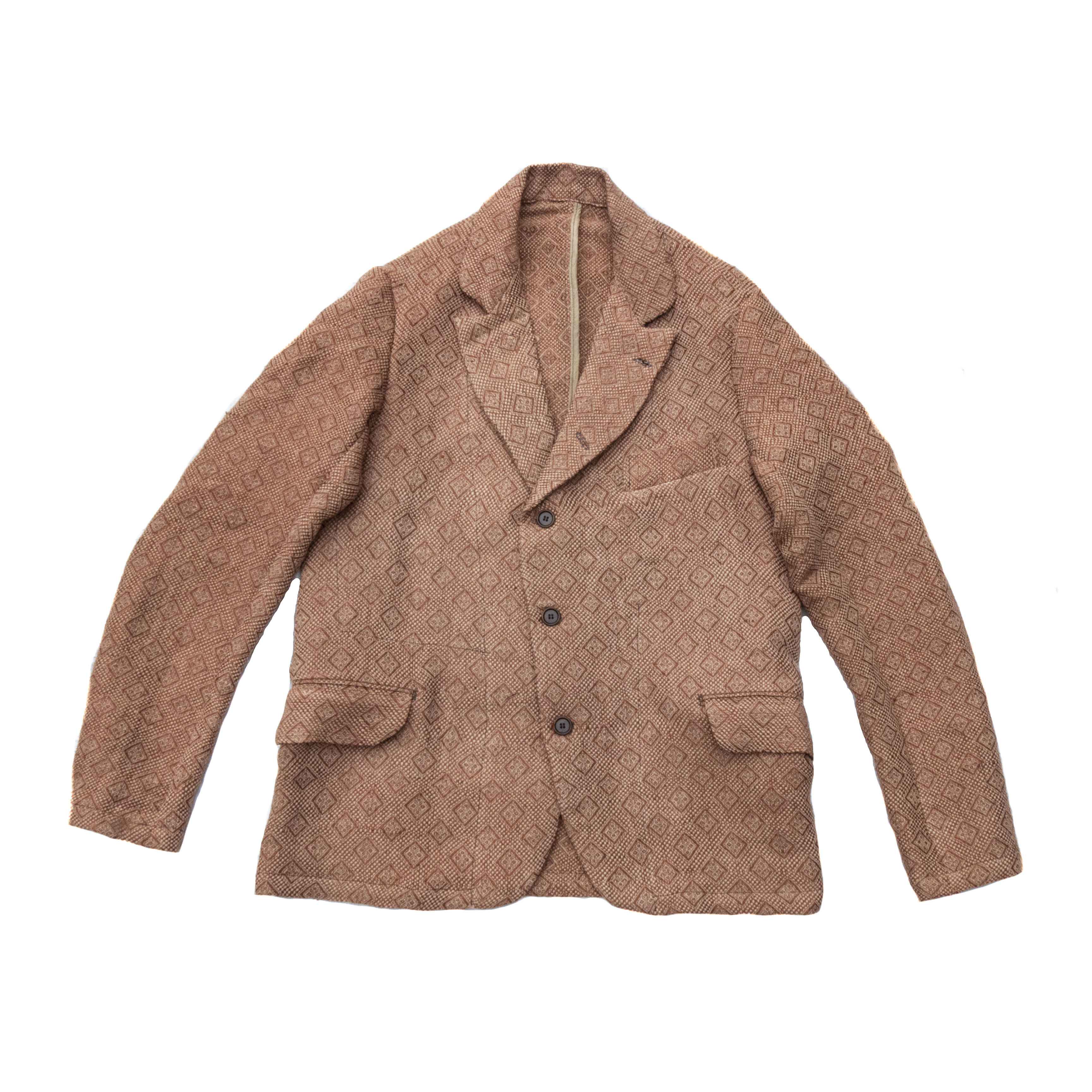 ベージュ、オレンジゴールド模様手織りイタリア製アンティークシルク、テーラードジャケット XL XXL