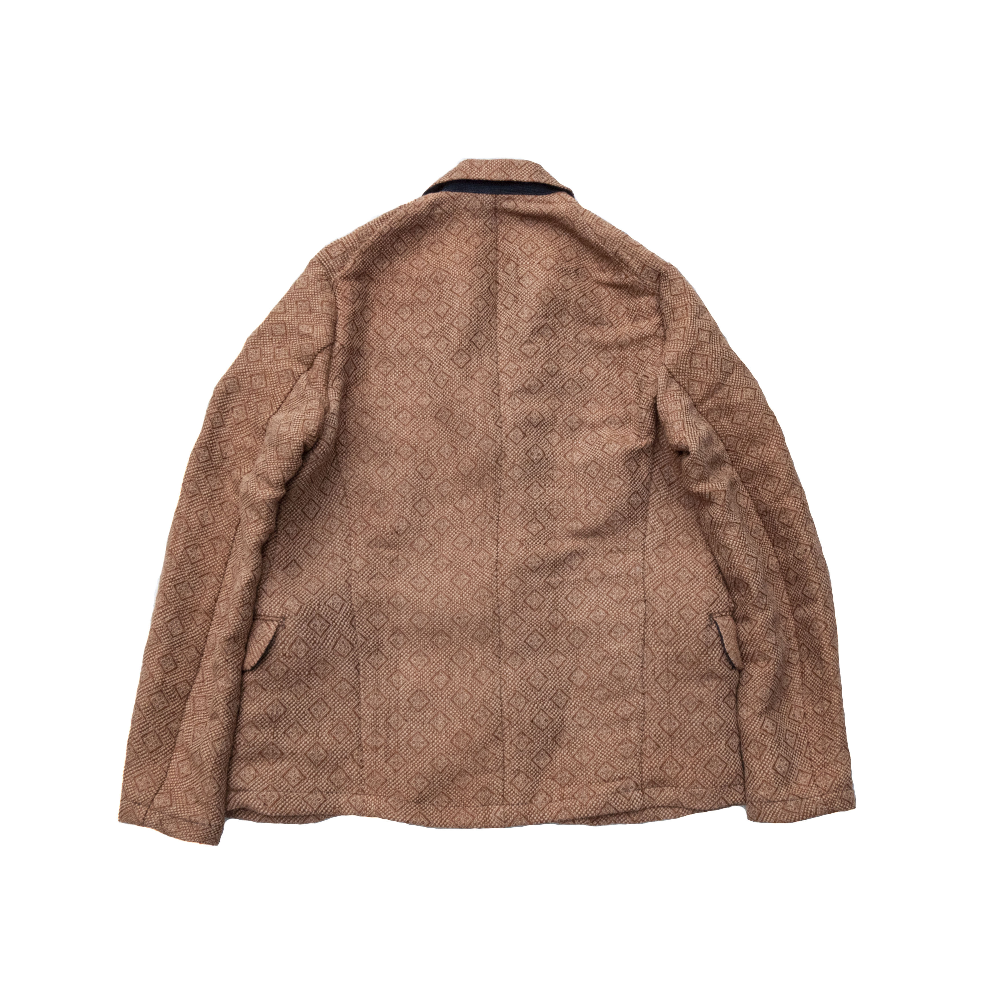 ベージュ、オレンジゴールド模様手織りイタリア製アンティークシルク、テーラードジャケット XL XXL