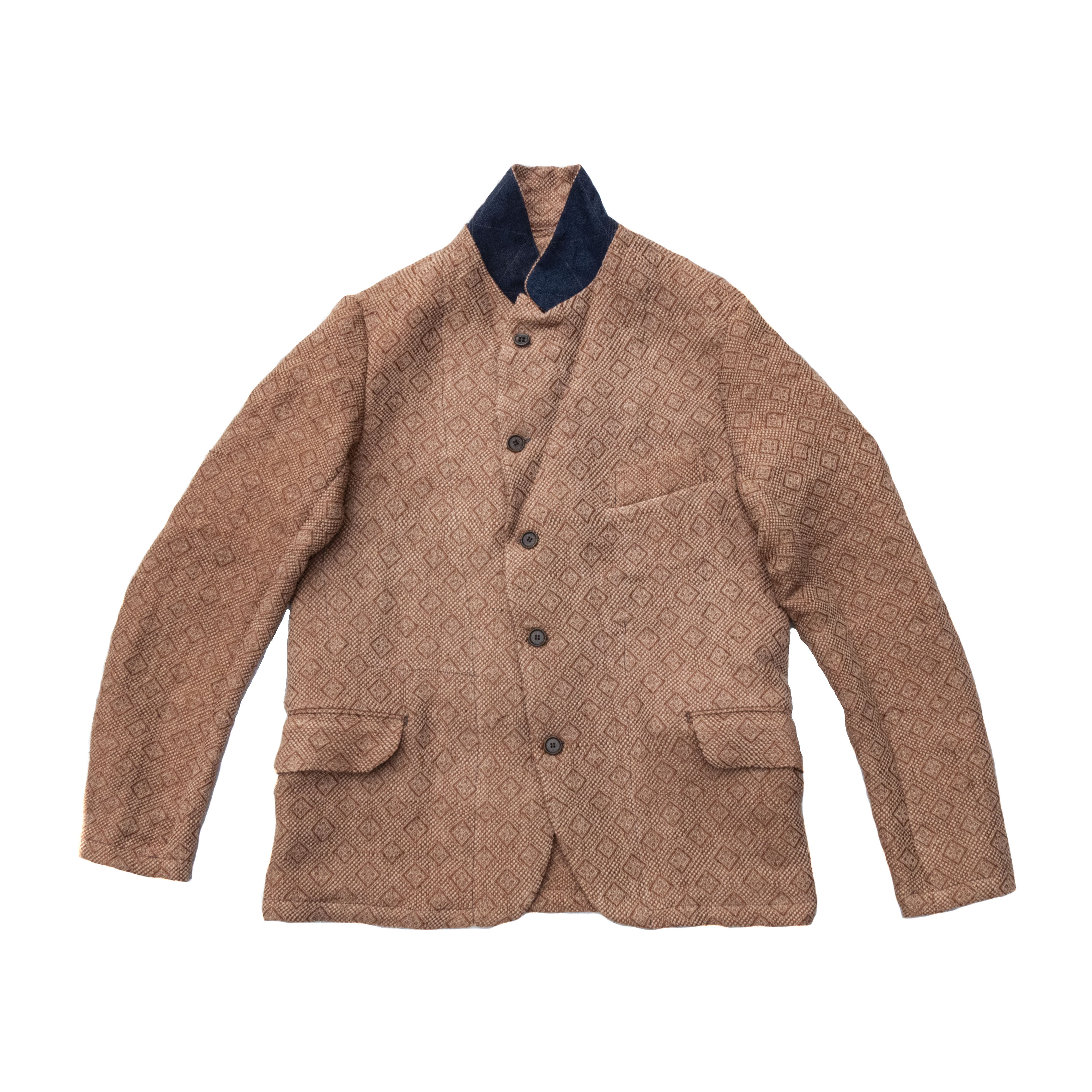 ベージュ、オレンジゴールド模様手織りイタリア製アンティークシルク、テーラードジャケット XL XXL