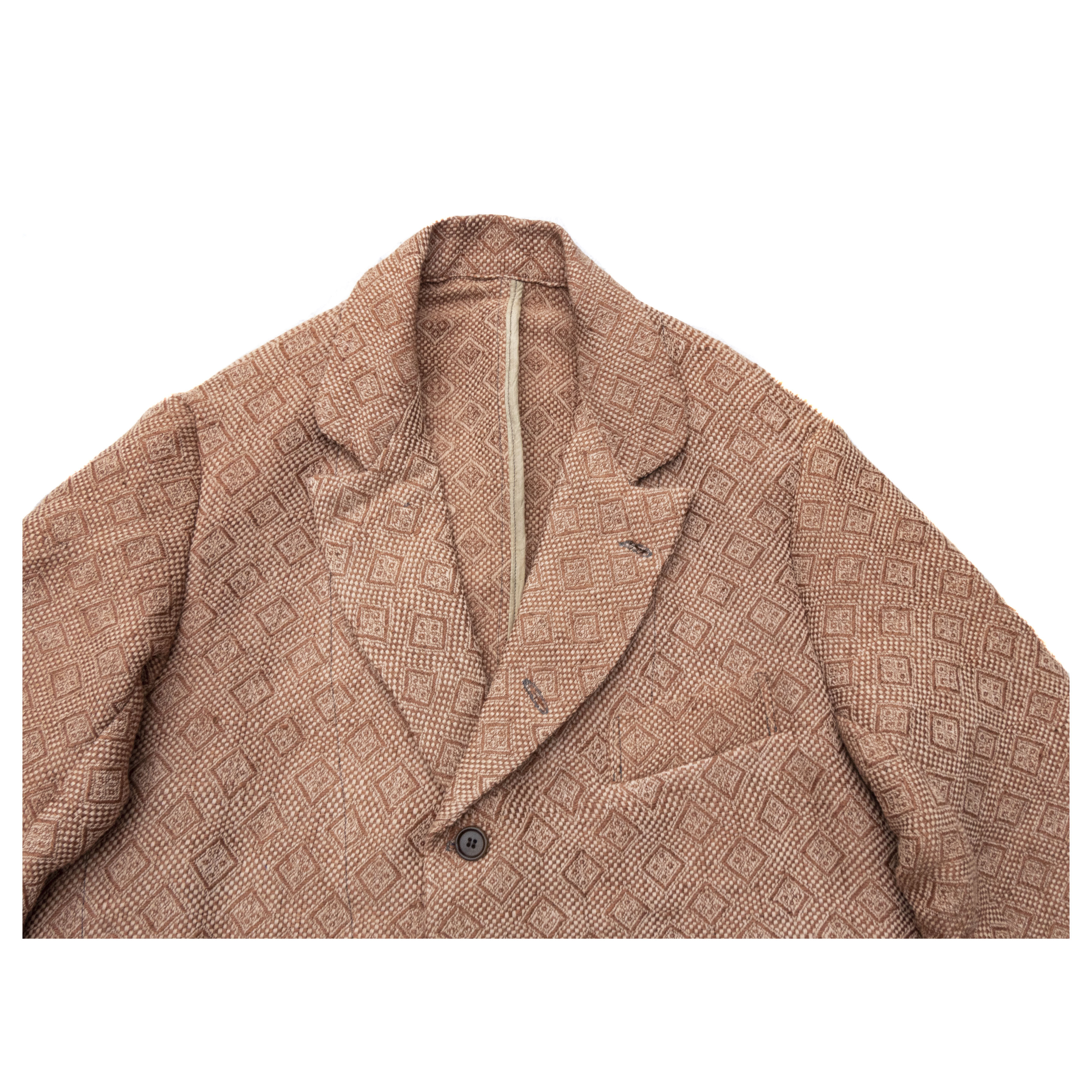 ベージュ、オレンジゴールド模様手織りイタリア製アンティークシルク、テーラードジャケット XL XXL