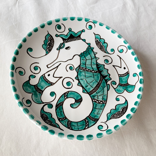 絵皿 20cm マヨリカ焼き タツノオトシゴ イタリア陶器 辰年 CRC033 中